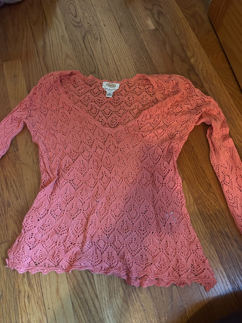 Talbots Coral Open-Knit V-Neck Crochet Top